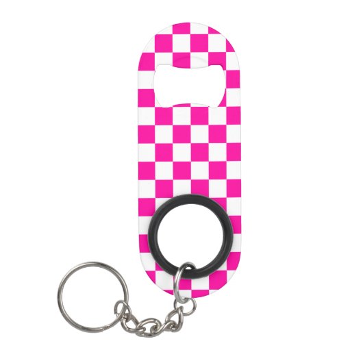 Geruite neon roze en wit mini flessenopener (Voorkant)