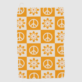 Geruite oranje groovy bloemen en vredestekens golfhanddoek