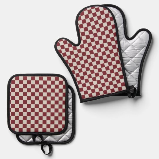 Geruite Oven Mitt en Pot Houders - donkerrood Ovenwant & Pannenlap Set (Voorkant / Achterkant)