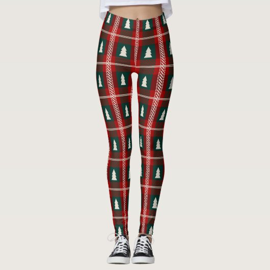 Geruite patchwork kerstboom patroon leggings (Voorkant)