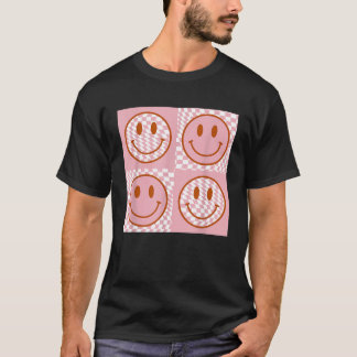 Geruite Patroon Gelukkig Gezicht Shirt Retro Roze