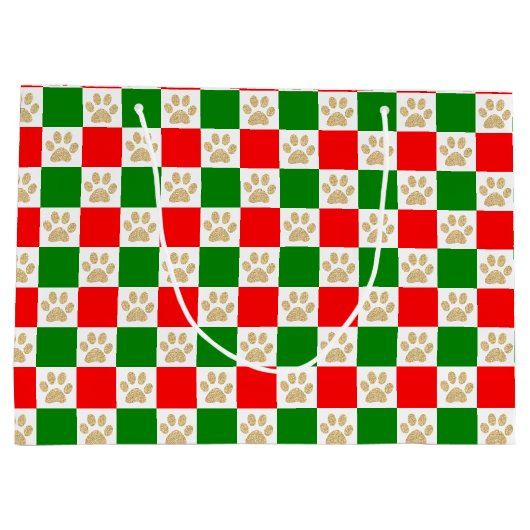 Geruite Paw Prints Rood en Groen Kerstmis Groot Cadeauzakje (Achterkant)