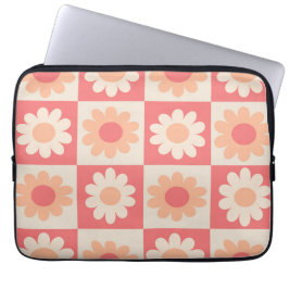 Geruite Peach Fuzz en Oranje Retro Flowers Laptop Sleeve