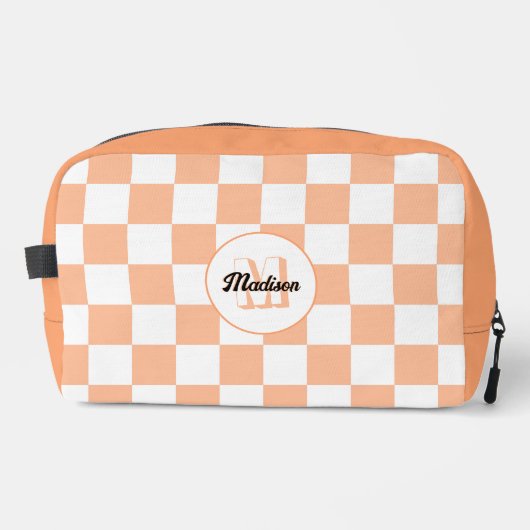 Geruite perzik en witte geometrische retro Monogra Toilettasje (Voorkant)