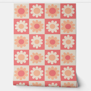 Geruite Perzik Fuzz Retro Bloemen Patroon Behang