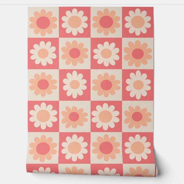 Geruite Perzik Fuzz Retro Bloemen Patroon Behang (Afrollen)