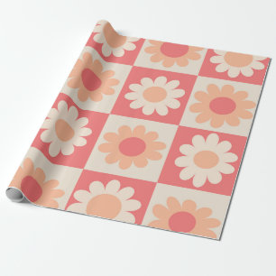 Geruite Perzik Fuzz Retro Bloemenpatroon  Cadeaupapier