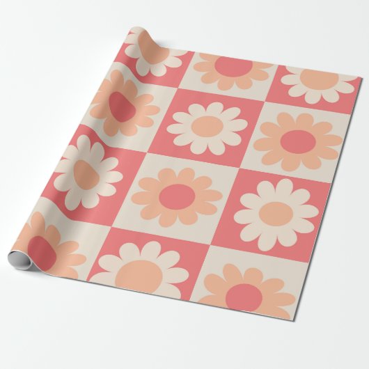 Geruite Perzik Fuzz Retro Bloemenpatroon Cadeaupapier (Uitgerold)