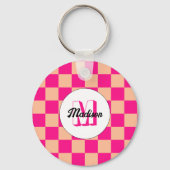 Geruite perzik hete roze geometrische retro monogr sleutelhanger (Voorkant)