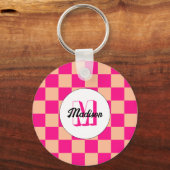 Geruite perzik hete roze geometrische retro monogr sleutelhanger (Voorkant)