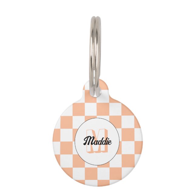 Geruite perzik witte geometrische retro monogram huisdierpenning (Voorkant)