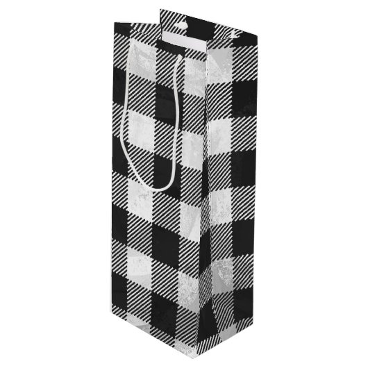 Geruite Plaid Zwart en Wit Wijn Cadeautas (Voorkant Gekanteld)