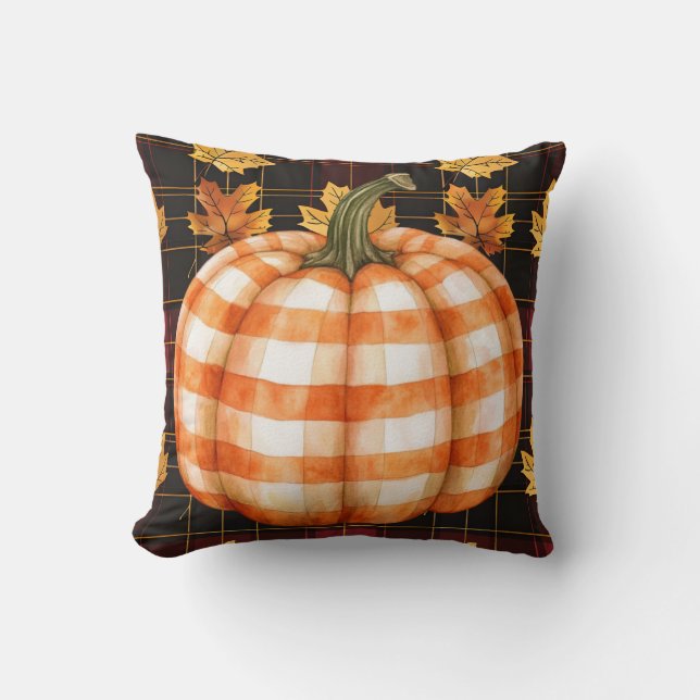 Geruite pompoen op Fall Leaves Pillow Kussen (Voorkant)