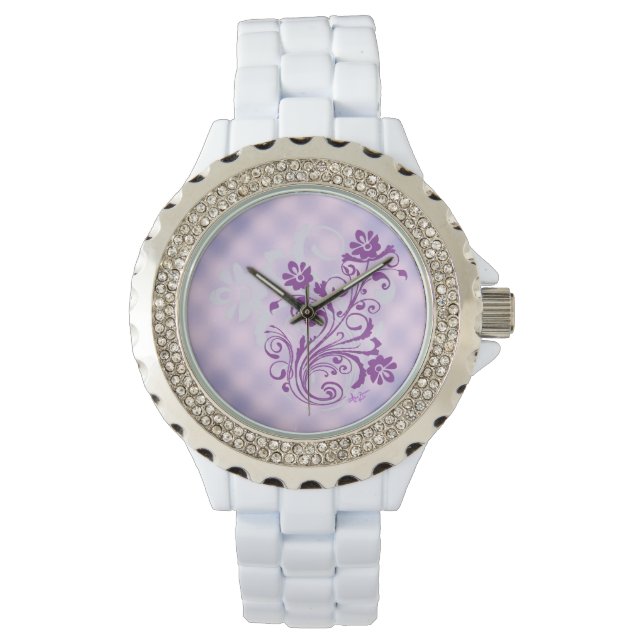 Geruite PurpleFloralSwirl White Rhinestone Watch Horloge (Voorkant)