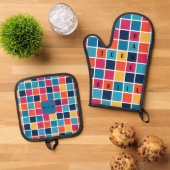 Geruite Puzzel Oven Mitt en Pot Houders Ovenwant & Pannenlap Set (Top down)