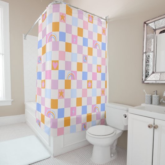 Geruite Rainbow Boho Peace Love Shower Gordijn (In situ)