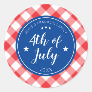 Geruite Red Gingham 4th van juli Familiefeest Ronde Sticker