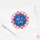 Geruite Red Gingham 4th van juli Familiefeest Ronde Sticker (Envelop)