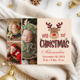Geruite rendier baby eerste kerst 3 foto feestdagenkaart