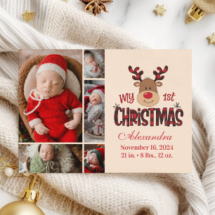 Geruite rendier baby eerste kerst 5 foto feestdagenkaart