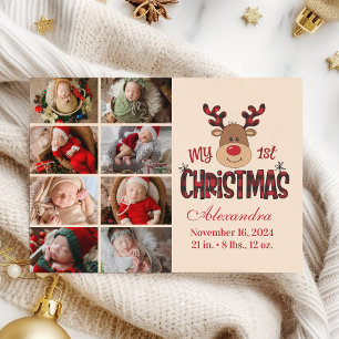 Geruite rendier baby eerste kerst 8 foto feestdagenkaart