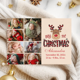 Geruite Rendier Baby Eerste Kerstmis 7 Foto Feestdagenkaart