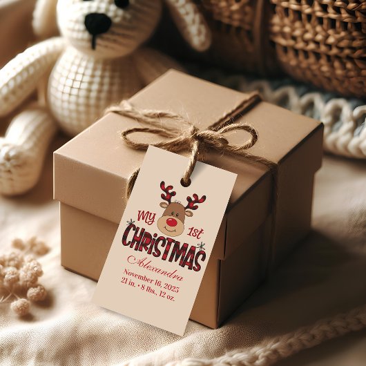 Geruite Rendier Baby Eerste Kerstmis Cadeaulabel