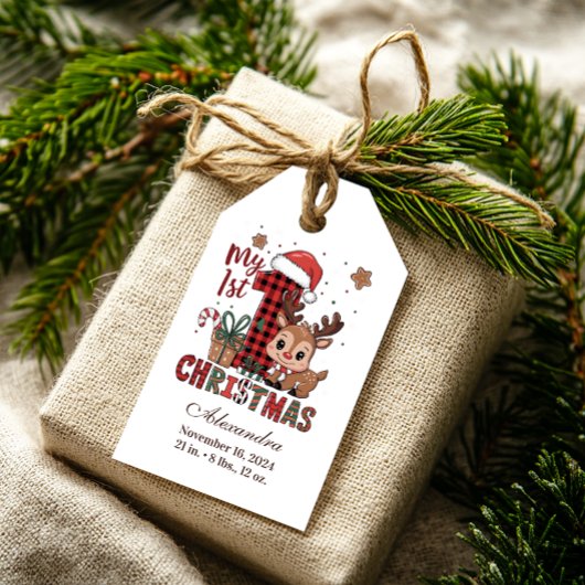 Geruite rendier eerste kerstmis cadeaulabel