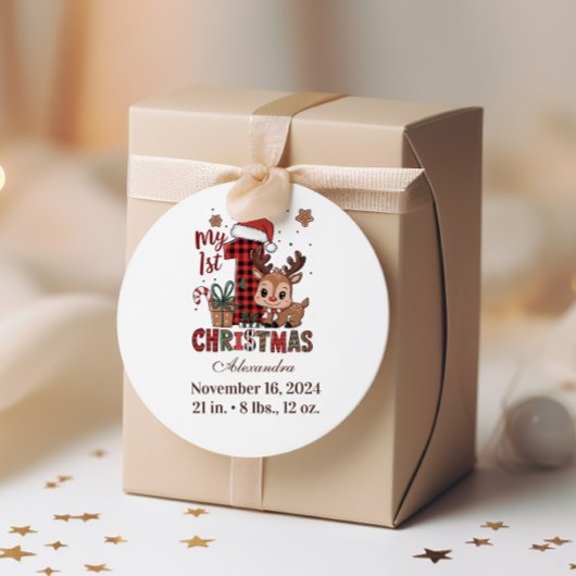 Geruite rendier eerste kerstmis ronde sticker