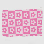 Geruite Retro Bloemen Heet Roze en Wit  Golfhanddoek (Horizontaal)