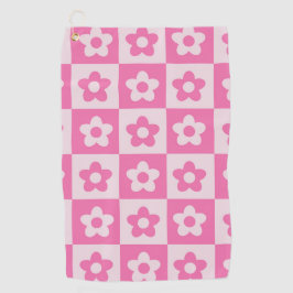 Geruite Retro Bloemen Heet Roze en Wit Golfhanddoek
