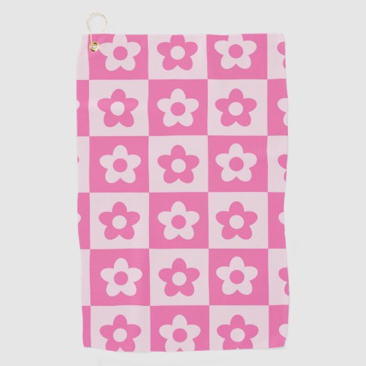 Geruite Retro Bloemen Heet Roze en Wit  Golfhanddoek (Voorkant)