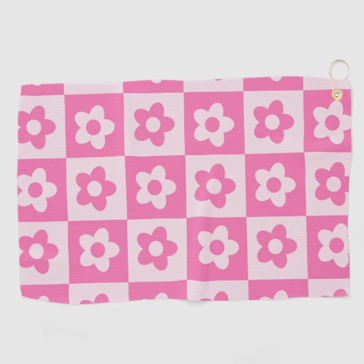 Geruite Retro Bloemen Hot Roze en Wit Golfhanddoek (Horizontaal)