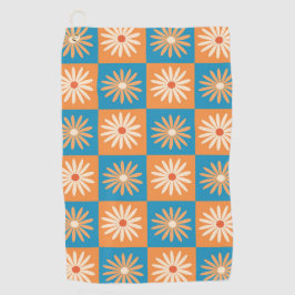 Geruite Retro Bloemen op Blauw en Oranje Golfhanddoek