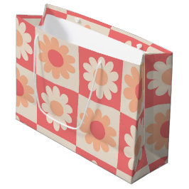 Geruite Retro Bloemenpatroon in Perzik Fuzz Groot Cadeauzakje