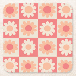 Geruite Retro Bloemenpatroon in Perzik Fuzz Kartonnen Onderzetters