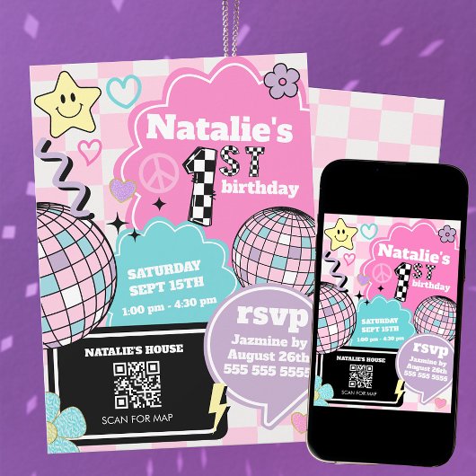 Geruite Retro Groovy Disco 1e verjaardag Kaart