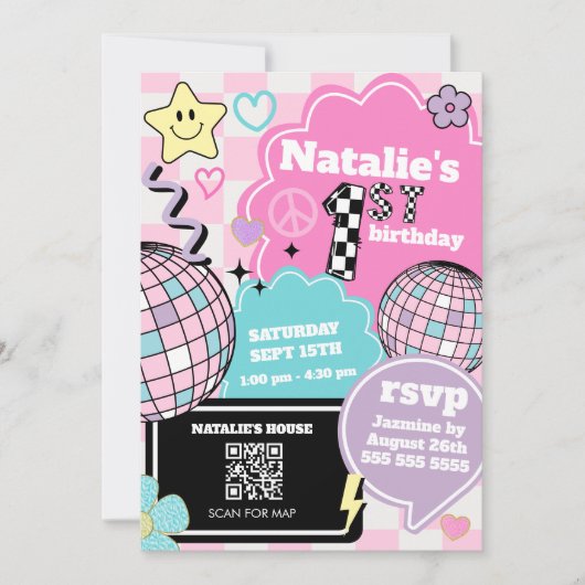 Geruite Retro Groovy Disco 1e verjaardag Kaart (Voorkant)