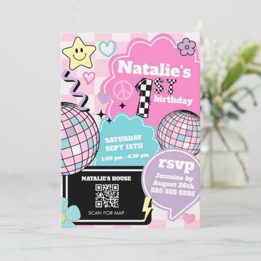 Geruite Retro Groovy Disco 1e verjaardag Kaart (Staand voorkant)