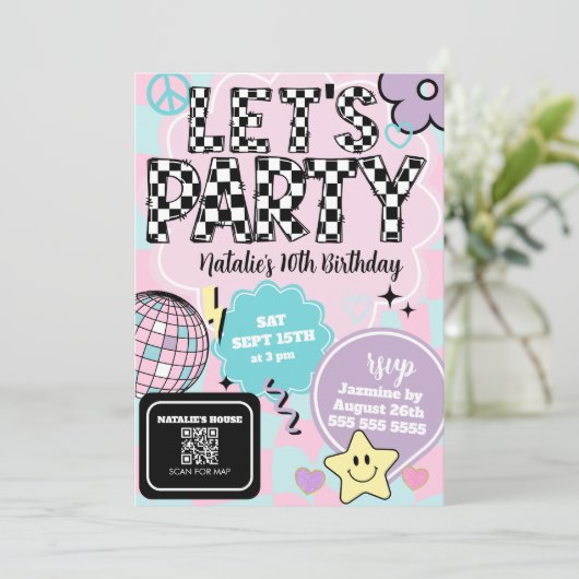 Geruite Retro Groovy Disco Let's Party Verjaardag Kaart (Staand voorkant)