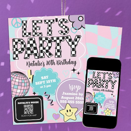 Geruite Retro Groovy Disco Let's Party Verjaardag Kaart