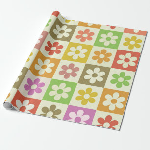 Geruite Retro Kleurrijke Bloemen Patroon  Cadeaupapier