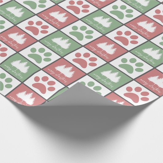 Geruite rode en groene poot print kerstboom cadeaupapier (Hoek)