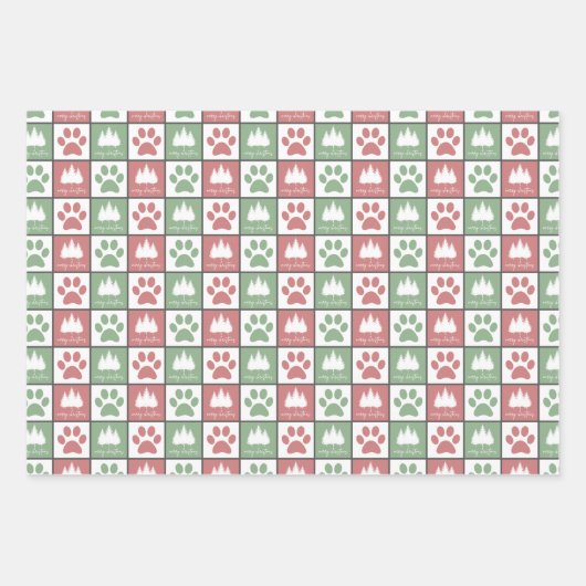 Geruite rode en groene poot print kerstboom inpakpapier vel (Voorkant 3)