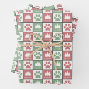 Geruite rode en groene poot print kerstboom inpakpapier vel
