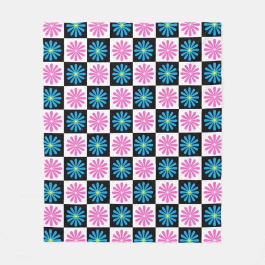 Geruite roze blauwe bloemendesign fleece deken (Voorkant)