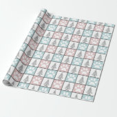 Geruite Roze en blauwe poot print Kerstboom Cadeaupapier (Uitgerold)