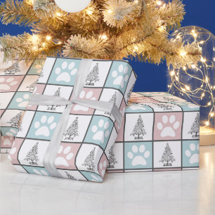 Geruite roze en blauwe pootafdruk Kerstboom Cadeaupapier