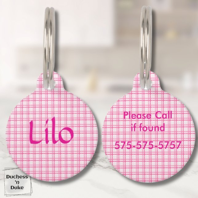 Geruite roze en witte patroon huisdierpenning (Plaid Pink and White Pattern Pet ID Tag)
