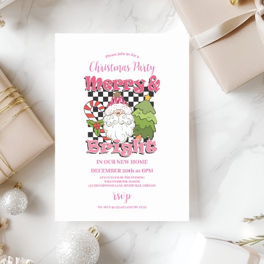 Geruite Roze Kerstfeest Merry & Bright Kaart